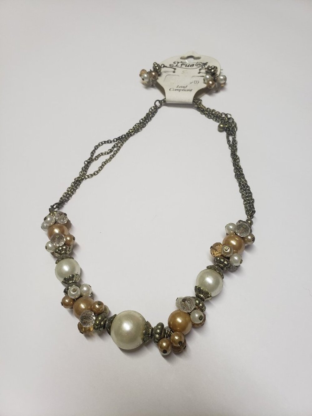 True Faux Pearl Champagne Beaded Statement Necklace Earrings Set Bronze Tone NWT